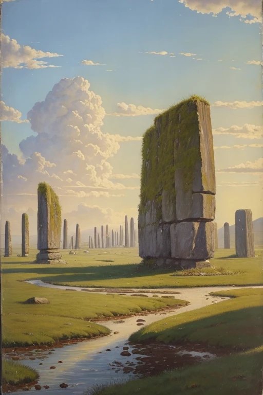 landscape with megaliths oil painting, mastetpiece.