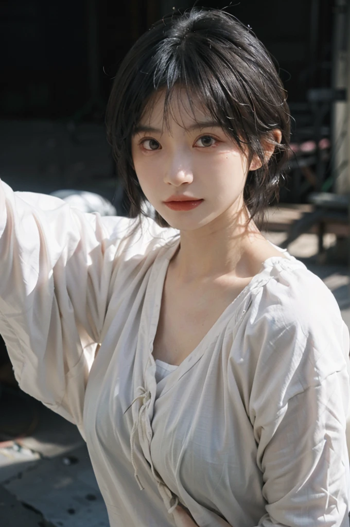 1 girl,model,Upper body,short hair,A faint smile,serene, calm,Moles under the eyes,Exquisite eyes, Delicate face,Lipstick,earrings,Hair details, dress,(Dress conservatively:1.3)(Large Breasts:1.2),outdoor,background,城市background,(Skin details:1.4),(Realistic and detailed eyes:1.2), Natural skin texture, Realistic facial details,Close-up of face,Portrait Photography,(Portrait Photography:1.1), (smooth skin textures:1.3), (Highest quality real skin textures:1.4), Direct vision,Soft dramatic lighting, Vivid details, 35 mm film, (Photo Practical:1.4), (hyper Practical:1.4), (Practical:1.3), (Smoother lighting:1.05), (Improve lighting quality:0.9), (Enhance the beauty of skin texture:1.1), Depth of Field, Bokeh, Surrealism, Ray Tracing, ( Surrealism, High Detail, Chiaroscuro, Ray Tracing, reflected light, Ultra HD, Ultra HD, masterpiece, Textured Skin, Super Detail, High Detail, high quality, best quality