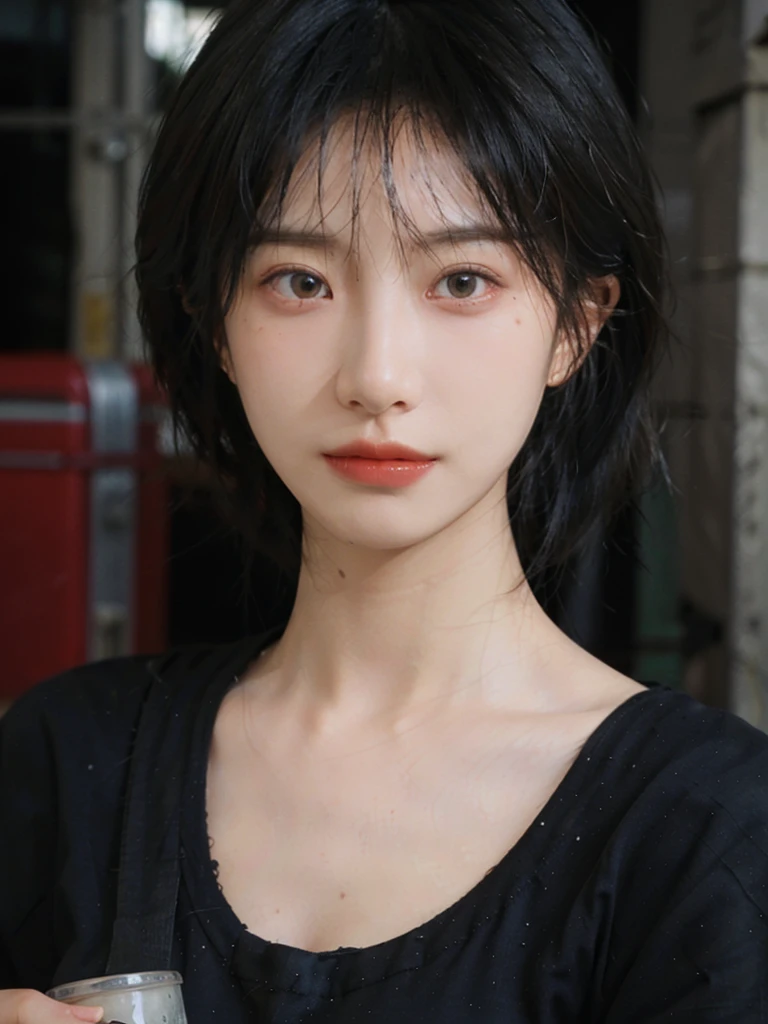 1 girl，model，Upper body，Upper Body，short hair,A faint smile,serene, calm，Moles under the eyes,Exquisite eyes, Delicate face,Lipstick,earrings,Hair details, dress，（Dress conservatively：1.3）(Large Breasts:1.2),outdoor,background,城市background，(Skin details:1.4),(Realistic and detailed eyes：1.2）, Natural skin texture, Realistic facial details,Close-up of face,Portrait Photography,(Portrait Photography:1.1), (smooth skin textures:1.3), (Highest quality real skin textures:1.4), Direct vision,Soft dramatic lighting, Vivid details, 35 mm film, (Photo Practical:1.4), (hyper Practical:1.4), (Practical:1.3), (Smoother lighting:1.05), (Improve lighting quality:0.9), (Enhance the beauty of skin texture:1.1), Depth of Field, Bokeh, Surrealism, Ray Tracing, ( Surrealism, High Detail, Chiaroscuro, Ray Tracing, reflected light, Ultra HD, Ultra HD, masterpiece, Textured Skin, Super Detail, High Detail, high quality, best quality