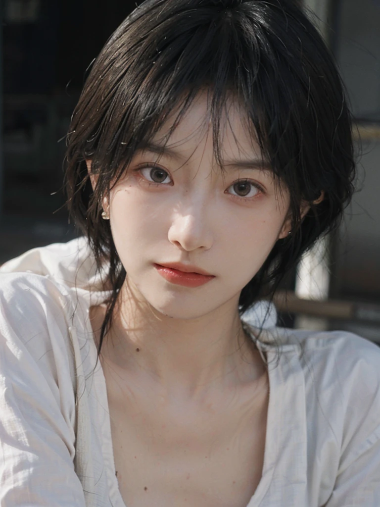 1 girl,model,Upper body,Upper Body,short hair,A faint smile,serene, calm,Moles under the eyes,Exquisite eyes, Delicate face,Lipstick,earrings,Hair details, dress,(Dress conservatively:1.3)(Large Breasts:1.2),outdoor,background,城市background,(Skin details:1.4),(Realistic and detailed eyes:1.2), Natural skin texture, Realistic facial details,Close-up of face,Portrait Photography,(Portrait Photography:1.1), (smooth skin textures:1.3), (Highest quality real skin textures:1.4), Direct vision,Soft dramatic lighting, Vivid details, 35 mm film, (Photo Practical:1.4), (hyper Practical:1.4), (Practical:1.3), (Smoother lighting:1.05), (Improve lighting quality:0.9), (Enhance the beauty of skin texture:1.1), Depth of Field, Bokeh, Surrealism, Ray Tracing, ( Surrealism, High Detail, Chiaroscuro, Ray Tracing, reflected light, Ultra HD, Ultra HD, masterpiece, Textured Skin, Super Detail, High Detail, high quality, best quality
