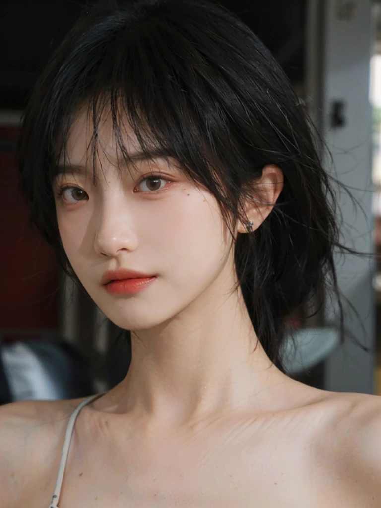 1 girl,model,Upper body,Upper Body,short hair,A faint smile,serene, calm,Moles under the eyes,Exquisite eyes, Delicate face,Lipstick,earrings,Hair details, dress,(Dress conservatively:1.3)(Large Breasts:1.2),outdoor,background,城市background,(Skin details:1.4),(Realistic and detailed eyes:1.2), Natural skin texture, Realistic facial details,Close-up of face,Portrait Photography,(Portrait Photography:1.1), (smooth skin textures:1.3), (Highest quality real skin textures:1.4), Direct vision,Soft dramatic lighting, Vivid details, 35 mm film, (Photo Practical:1.4), (hyper Practical:1.4), (Practical:1.3), (Smoother lighting:1.05), (Improve lighting quality:0.9), (Enhance the beauty of skin texture:1.1), Depth of Field, Bokeh, Surrealism, Ray Tracing, ( Surrealism, High Detail, Chiaroscuro, Ray Tracing, reflected light, Ultra HD, Ultra HD, masterpiece, Textured Skin, Super Detail, High Detail, high quality, best quality