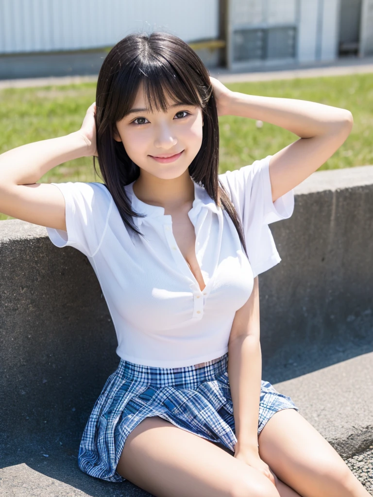 8K,masterpiece,Japanese,,from the front,smile,cute,Innocent face,Innocent,Kind eyes,Childish,Plain T-shirt,Short sleeve,Blue checked short skirt,semi-long,Hair blowing in the wind,Black Hair,Somewhat strong wind,noon,bright,Sitting、M-shaped feet, (Large Breasts:1.2),(Emphasize the chest)
