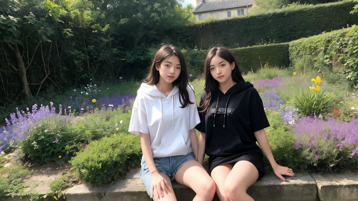 deux femmes ensemble de 18 ans sexy et mince , black short sleeve hoodie , dans un jardin de fleur, se touche,position sey,sensuel