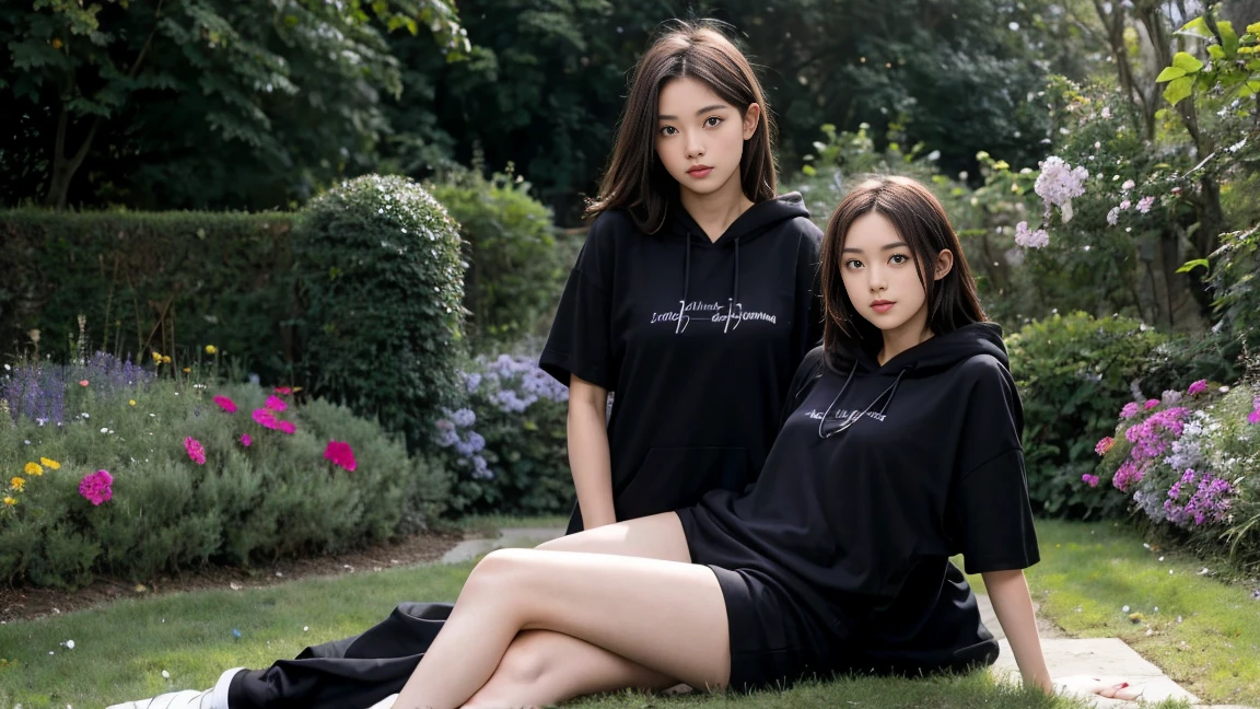 deux femmes ensemble de 18 ans sexy et mince , black short sleeve hoodie , dans un jardin de fleur, se touche,position sey,sensuel