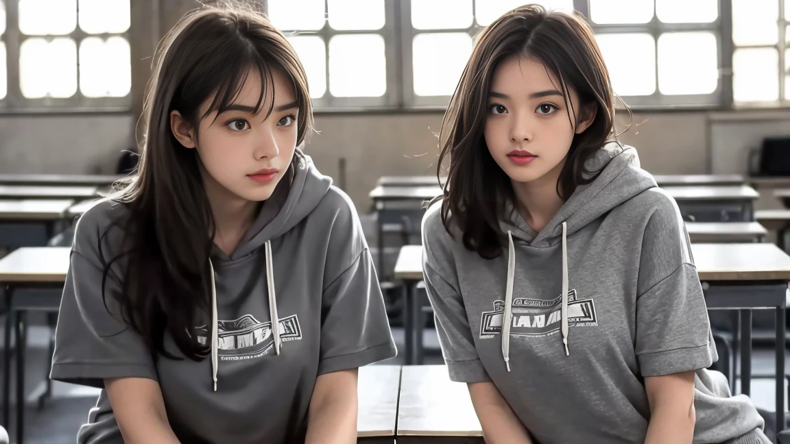 deux femmes ensemble de 18 ans sexy et mince , gray short sleeve hoodie , salle de classe, se touche,position sey,sensuel
