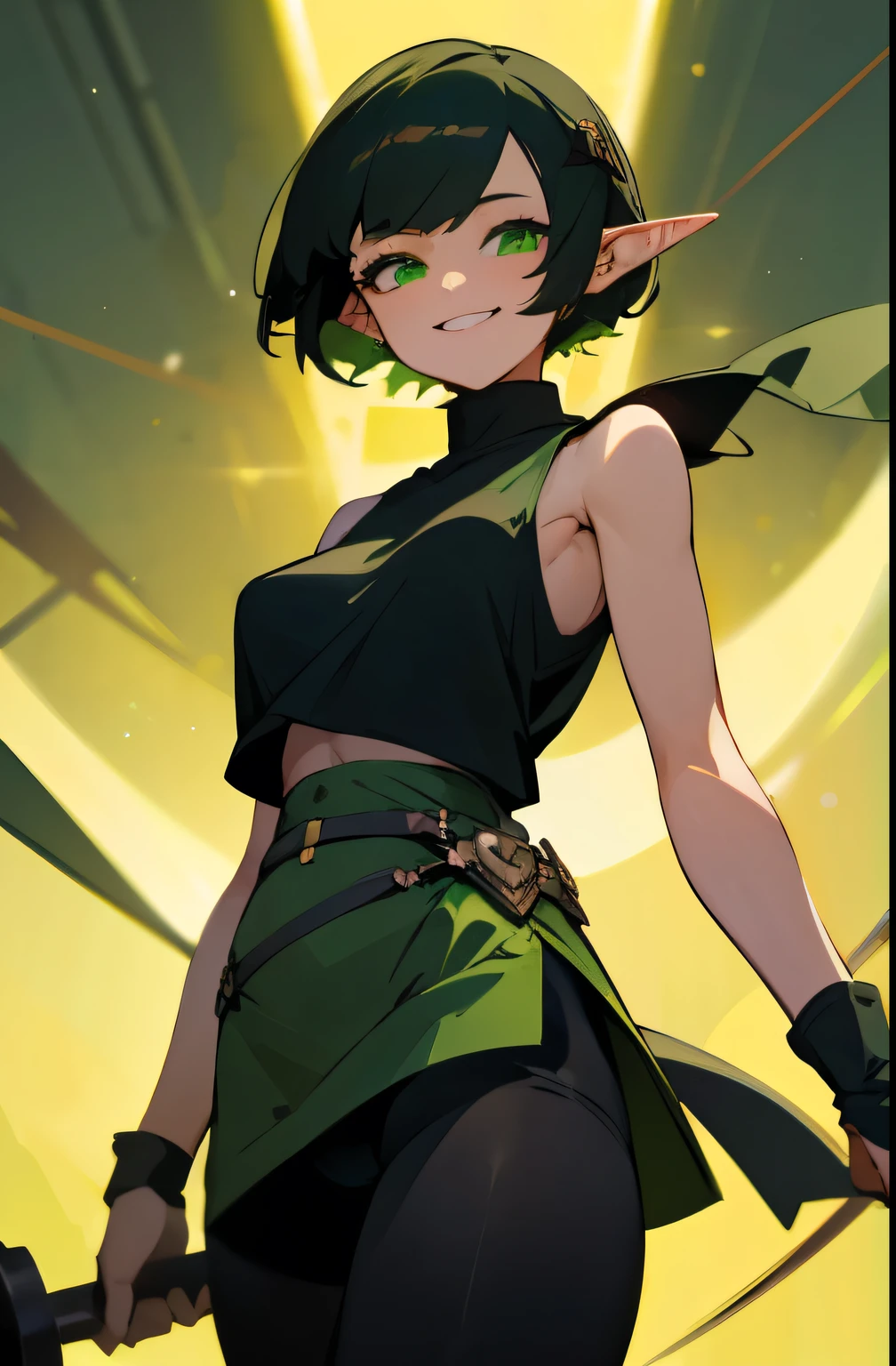 Best quality,high detail,masterpiece,1 woman,black short hair,green eyes,Elf,Black Tights, black tank top ,needle, smiling brightly, glowing eye