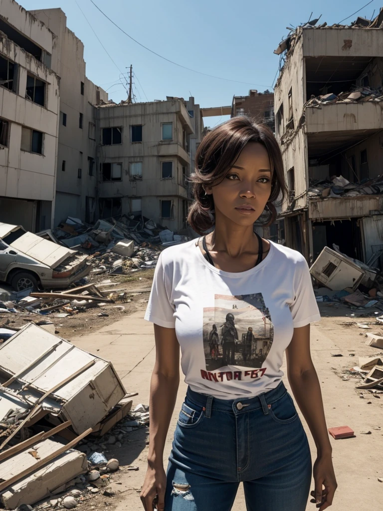 Gorgeous mother 45 years old, t-shirts, outside, post apocalypse scene