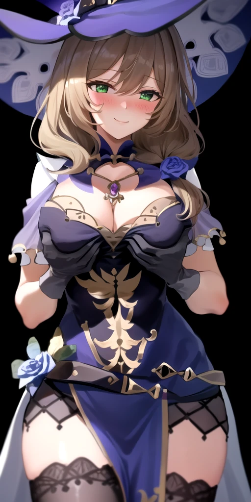 1girl, solo, lisadef, large breasts, (smiling, blushing:1.3), standing, (from below view), (grabbing breasts:1.6)