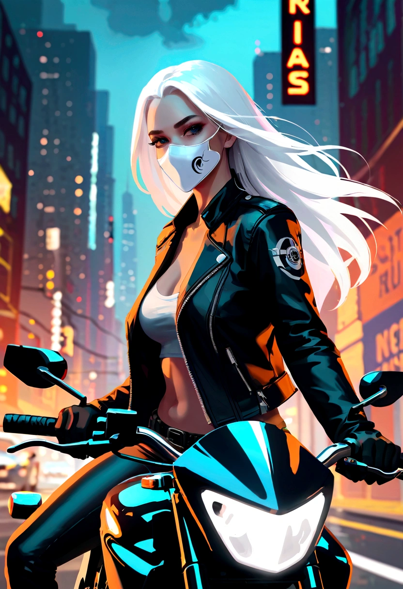 A beautiful woman with long white hair wearing a white mask, riding a motorcycle, detailed face, cinematic lighting, highly detailed, photorealistic, 8k, hyper detailed, realistic, sharp focus, studio lighting, leather jacket, dramatic angles, motion blur, cinematic composition, vibrant colors, dramatic lighting, Night view,Bright colors,Electric Spark,Dystopian Cityscape,Mixed reality。