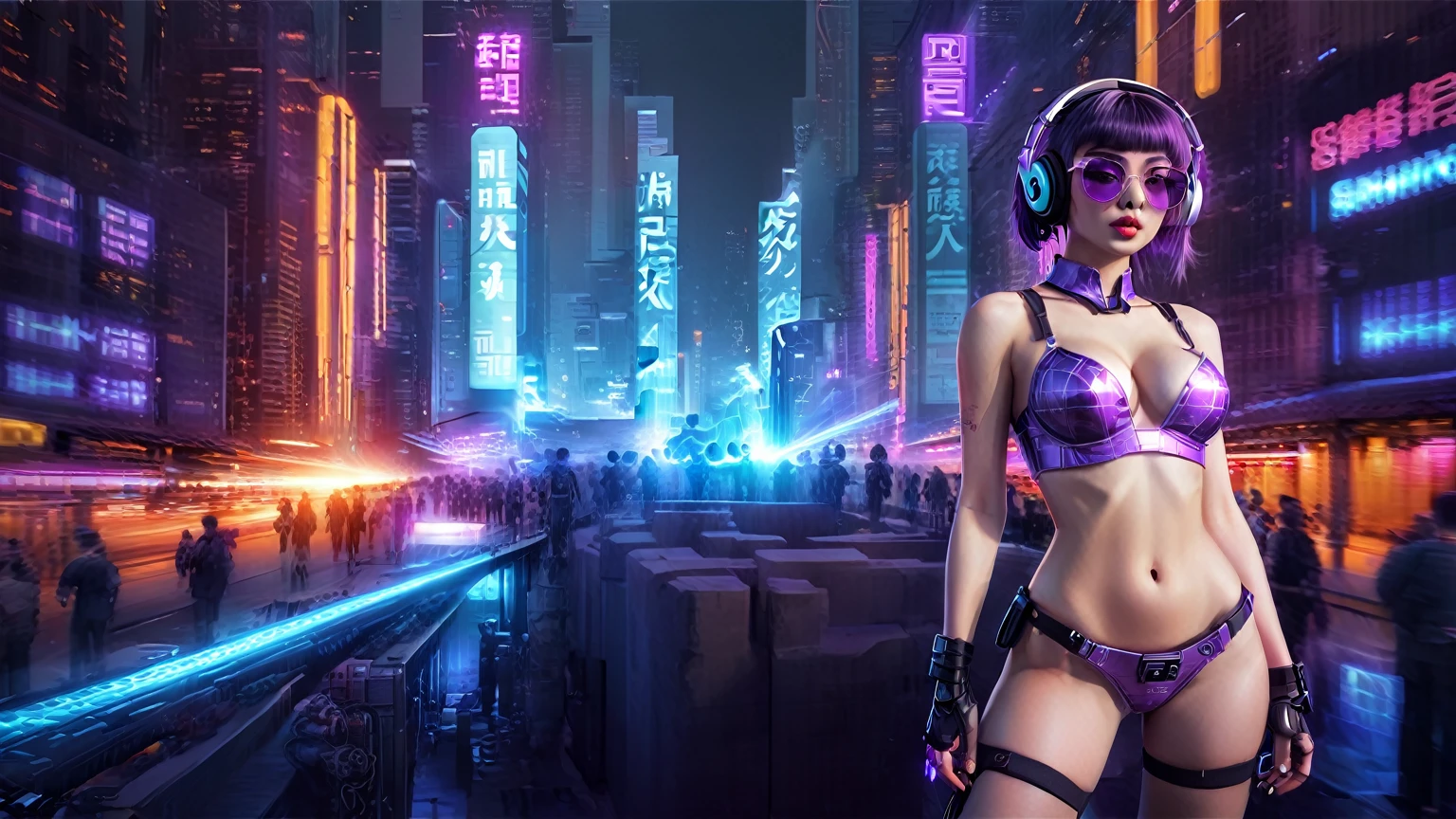 masterpiece, best quality, high resolution, 8k, (Portrait Photos:1.5), (R Original Photo), real picture, Digital Photography, (A fusion of cyberpunk and fantasy), 20 year old slim girl, solo, (((black sunglasses, headphone))), Feel free to hairstyle, Purple Eyes, By Bangs, (large breasts, cleavage, Accessories, Elegant and charming, Combination of cyberpunk and fantasy style clothing, Hollow carving design, Photo poses, Realistic style, (((((((pistol shooting pose))))))), oc render reflection texture, sentry, (((((aerial view of Cyberpunk style future city, giant (((Chinese Terracotta Warrior))) shaped buildings))))), night, Bustling streets, (((((half-body (thigh level) medium shot))))).