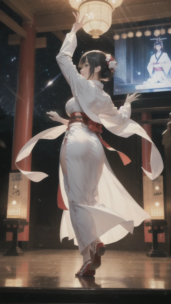 ((Japanese style))((Priestess costume)) ((Kabuki)) 8k high resolution ((Large audience)) Clouds part ((Low angle))((Starry sky))((Meteor)) ((Woman in the center)) ((Symmetry) )) Red hakama White kimono ((full body shot )) (Long shot) ((Stage)) Divine (mystical) ((Back view)) ((Dancing)) Sweat Glittering Top quality 4K Countless lights Gate Light Wearing Light gathers (Adult woman) (Tall) ((Wishing)) (Fantastic) (Laser) (Mystical) ((Dancing)) Glittering Black hair Long hair Shrine goddess music (Rays of light) (Light pouring down) Dancing petals Sparkle Vibrant stage, Japanese-style architecture, shrine maiden costume ((bokeh)) and (short focus lens:1.4)