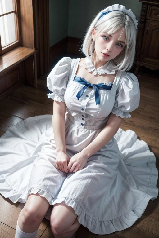 Beautiful realistic girl HD: white hair and blue eyes, "maid outfit", blue skirt and white button-down blouse. full body image. fund: castle.