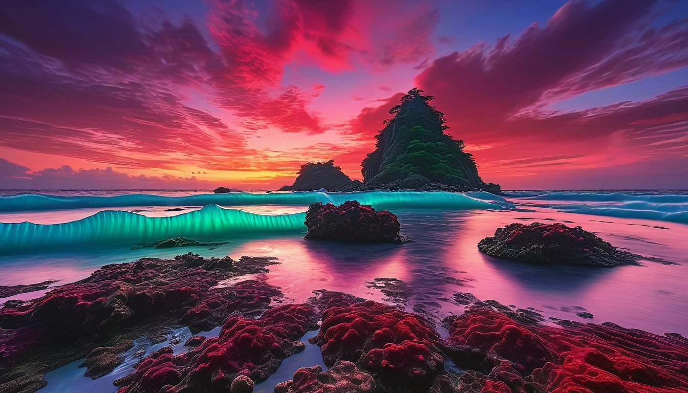 Vermilion Tides A vast, crimson sea, shimmering with bioluminescent algae under a perpetual twilight sky, its waves crash against ancient stone archipelagos, revealing hidden caves and coral reefs teeming with vibrant, alien life.
