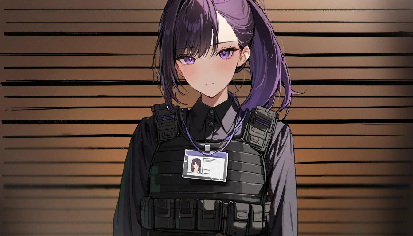 One girl, Dark hair with purple strands, Ponytail, purple eyes, black outfit,wearing bulletproof vest,background white, mugshot,id,id card, looking at camera,standing upright,no weird pose,no tilted head,no tilt, head rotate straight at camera, masterclass,refined,masterpiece,8k,sharp,clean.