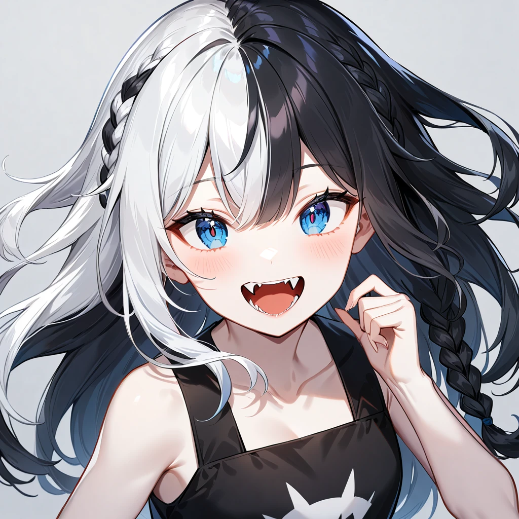 1girl, black hair, blue eyes, solo, open mouth, smile, multicolored hair, fangs, braid, :d, two tone hair, long hair, pale skin, white hair, ((medium quality)), ((medium quality))
