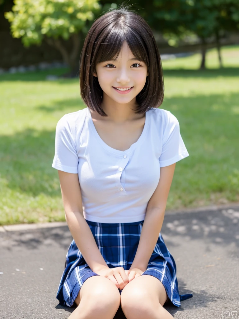 8K,masterpiece,Japanese,14-year-old girl,from the front,smile,cute,Innocent face,Innocent,Kind eyes,Childish,Plain T-shirt,Short sleeve,Blue checked short skirt,semi-long,Hair blowing in the wind,Black Hair,Somewhat strong wind,noon,bright,Sitting、M-shaped feet, (Large Breasts:1.2),(Emphasize the chest)