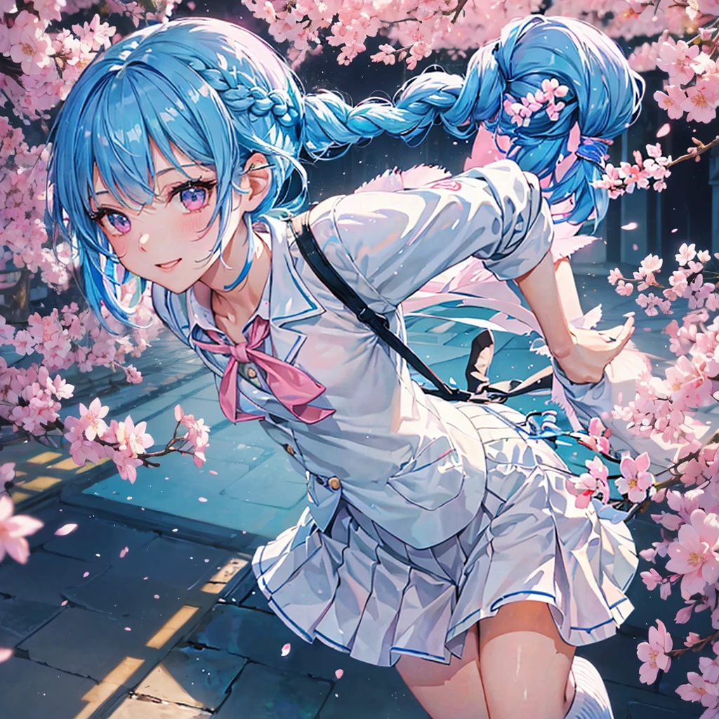Sky blue hair, (Braided Ponytail),(Pink Eyes),Fair skin ,whole body,(1 Girl),Smile,spring, cherry blossoms, Knee-high socks for school, blazer, Straight bangs,(masterpiece, Highest quality, Super detailed, Best Shadow), (Detailed Background), (Beautifully detailed face), High Contrast, (Best lighting, Very delicate and beautiful), ((Cinematic Light)), colorful, Hyper Detail, Dramatic Light, Intricate details,sunshine,Leaning forward,