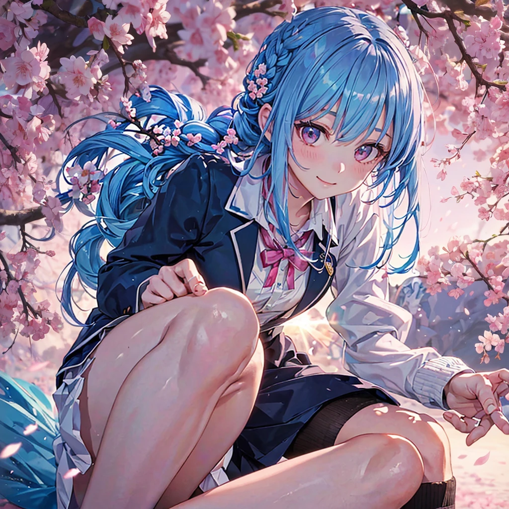 Sky blue hair, (Braided Ponytail),(Pink Eyes),Fair skin ,whole body,(1 Girl),Smile,spring, cherry blossoms, Knee-high socks for school, blazer, Straight bangs,(masterpiece, Highest quality, Super detailed, Best Shadow), (Detailed Background), (Beautifully detailed face), High Contrast, (Best lighting, Very delicate and beautiful), ((Cinematic Light)), colorful, Hyper Detail, Dramatic Light, Intricate details,sunshine,Leaning forward,