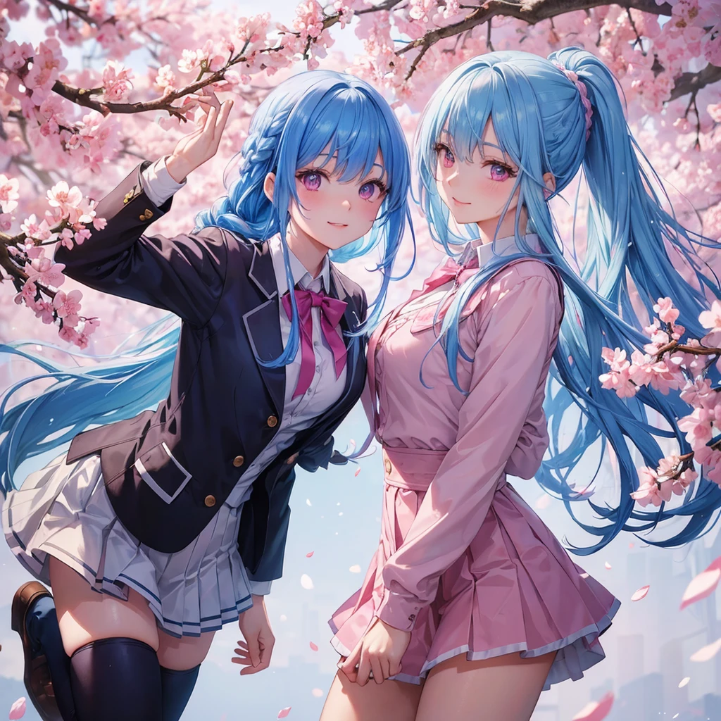 Sky blue hair, (Braided Ponytail),(Pink Eyes),Fair skin ,whole body,(1 Girl),Smile,spring, cherry blossoms, Knee-high socks for school, blazer, Straight bangs,(masterpiece, Highest quality, Super detailed, Best Shadow), (Detailed Background), (Beautifully detailed face), High Contrast, (Best lighting, Very delicate and beautiful), ((Cinematic Light)), colorful, Hyper Detail, Dramatic Light, Intricate details,sunshine,Leaning forward,