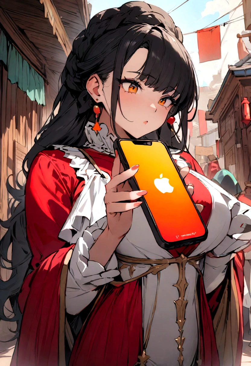 ((Highest quality)), ((masterpiece)), (detailed), lady,hold iPhone,