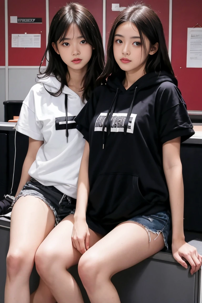 deux femmes ensemble de 18 ans sexy et mince , black short sleeve hoodie , salle de classe, se touche,position sey,sensuel