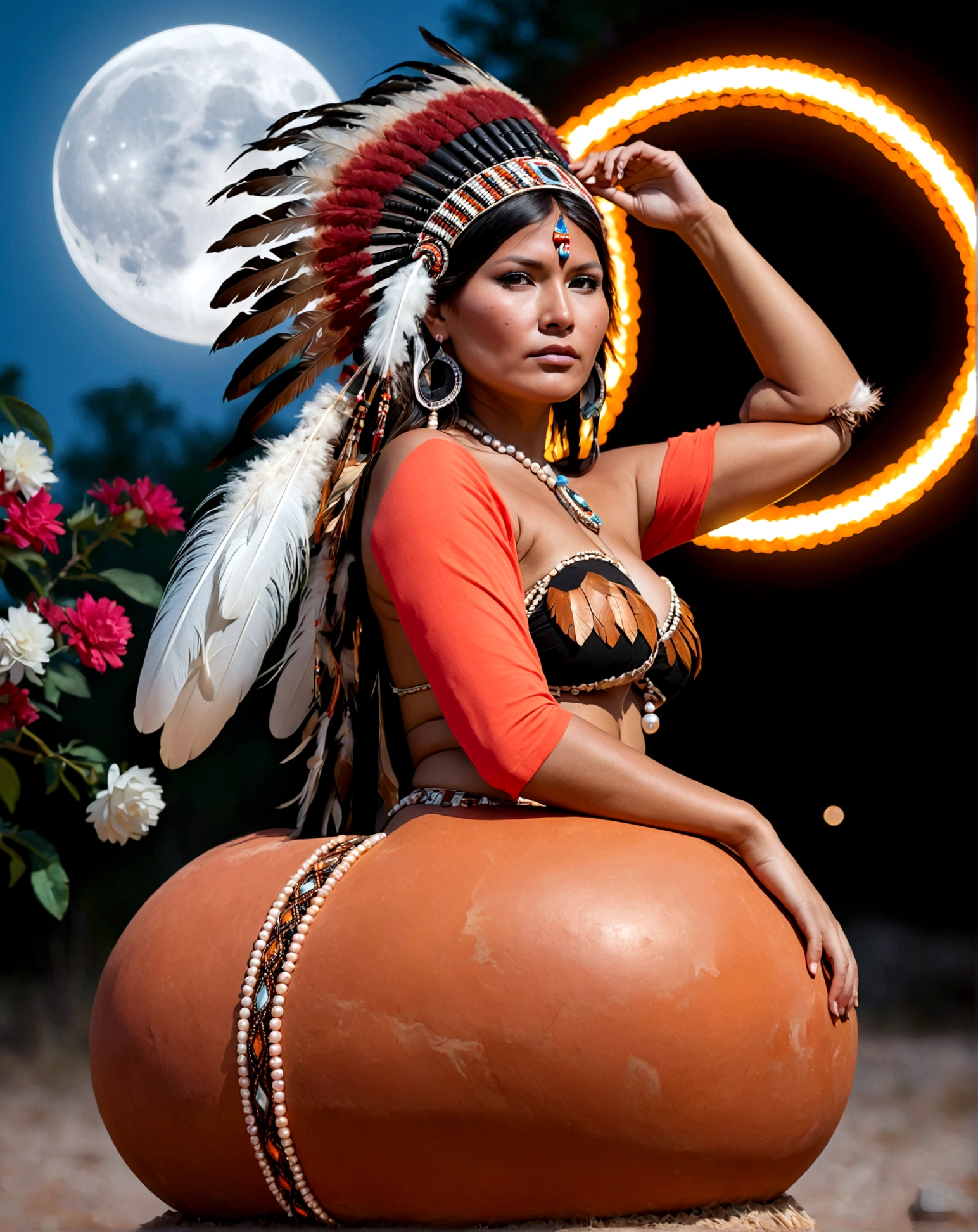 Beautiful Cherokee Indian woman with beautiful terracotta colored headdresses, blackw, doradas, cobre, Pearl, white and beige, feathers made of bright neon of various colors, flares on camera, bokeh, full moon night
