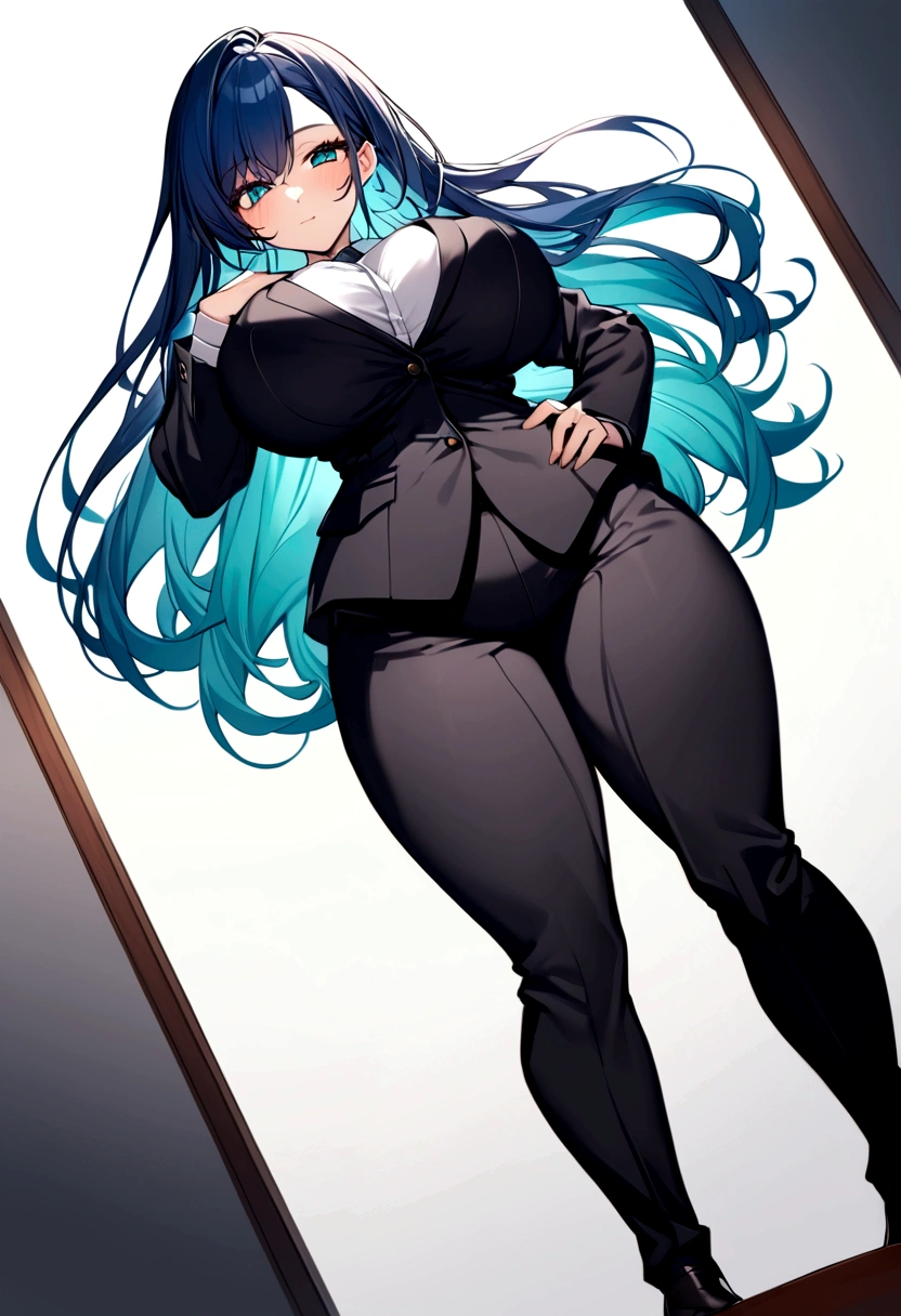 My name is Akari., I am a white test woman with long dark blue hair , turquoise eye color . I am 1.62 cm tall and weigh 47 kg. My breasts measure 90 cm, my waist 40 cm and my hips 240 cm. Dressed in a lawyer's outfit . With big breasts 90 cm