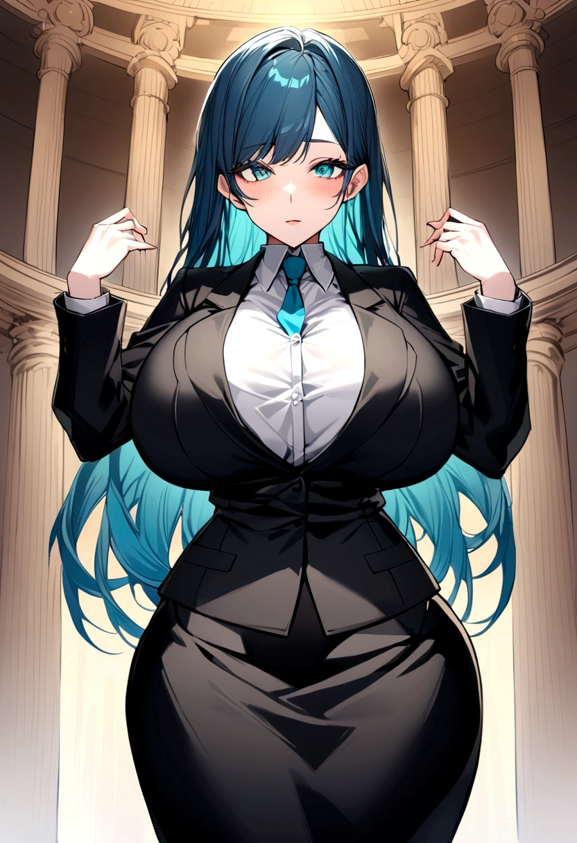 My name is Akari., I am a white test woman with long   dark blue hair , turquoise eye color . I am 1.62 cm tall and weigh 47 kg. My breasts measure 90 cm, my waist 40 cm and my hips 240 cm. Dressed in a lawyer's outfit . With big breasts 90 cm