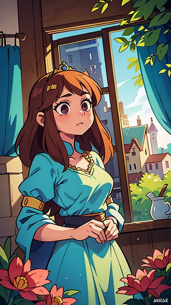 Illustrate Princess Isabella of Eldoria standing at an ornate palace window, looking out towards the bustling village below.