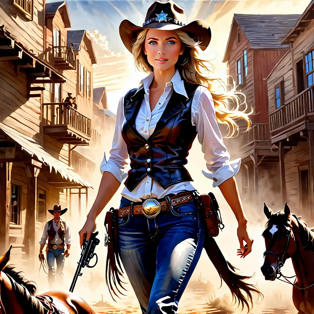 (high qualiy, high resolution, 8K), Detailed oil painting, (1womanl, cowgirl, gunslinger, beautiful brunette with blue eyes, seductiv, Perfect Anatomia, fully body, flowing blonde hair, gazing at viewer, wide and seductive smile, with leather vest, white shirt with long V-neck , shirt tied at the waist with a knot, shirt cut to the navel , cowboy belt with silver buckle, jeans, cowboy boots with shiny spurs, 2 revolvers on the waist, holding a Winchester 44 shotgun, sheriff star on chest, scarf wrapped around neck), (a black horse, thoroughbred horse, indomitable stallion prancing on two legs, skittish horse, noose tied to the saddle), (Setting of the Wild West, golden hour time, rays of sunlight, beautiful old west landscape, leaving a large trail of dust)