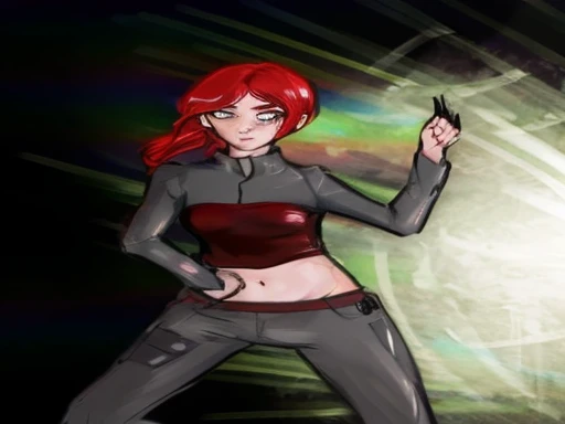 a drawing of a woman in a red top and grey pants, inspired by Eva Frankfurther, redhead female cyberpunk, fanart, inspired by Luma Rouge, digitally colored, she is dancing. realistic, inspired by Shog Janit, by Altichiero, by Felix-Kelly, an edgy teen assassin, inspired by Rei Kamoi, inspired by Felix-Kelly