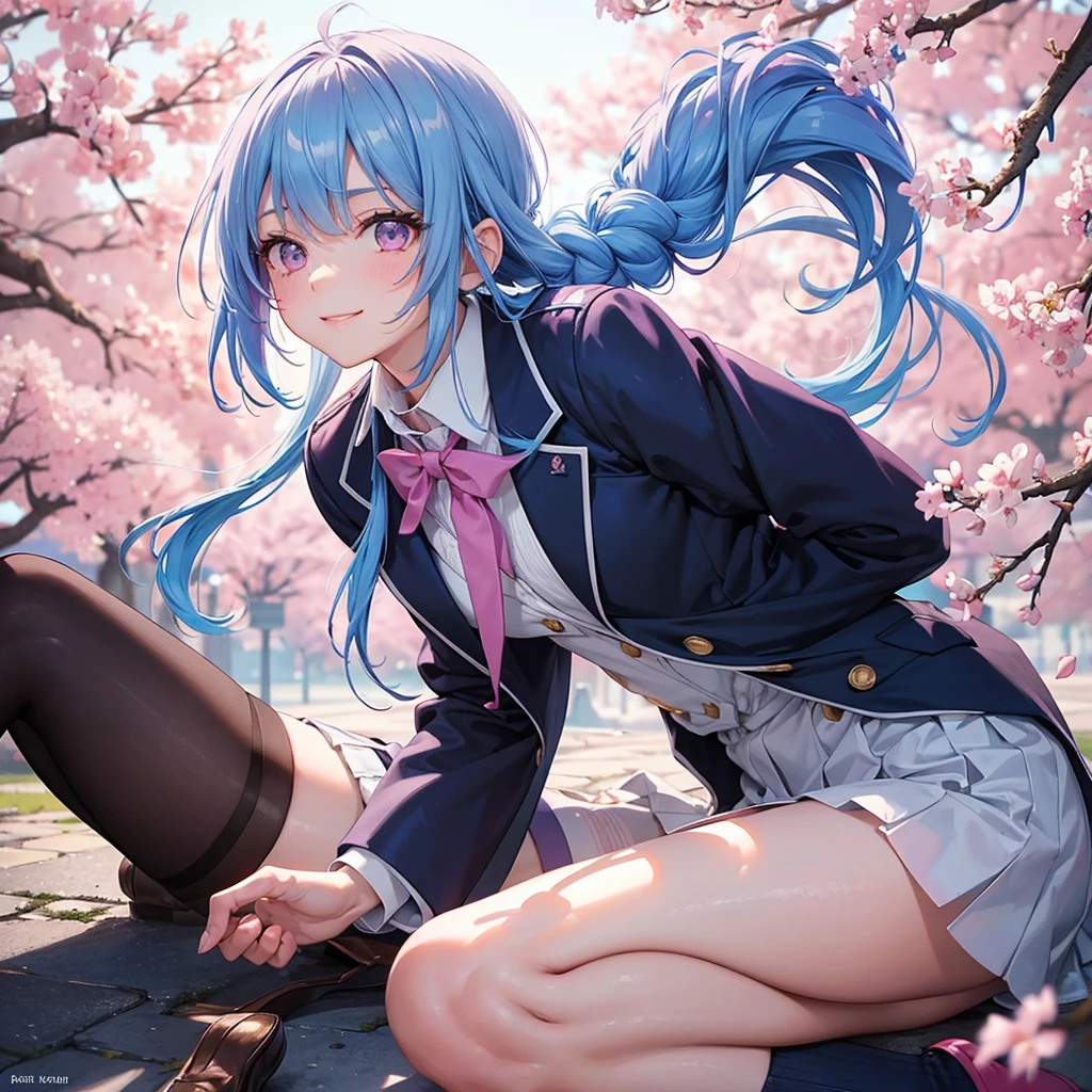 Sky blue hair, (Braided Ponytail),(Pink Eyes),Fair skin ,whole body,(1 Girl),Smile,spring, cherry blossoms, Knee-high socks for school, blazer, Straight bangs,(masterpiece, Highest quality, Super detailed, Best Shadow), (Detailed Background), (Beautifully detailed face), High Contrast, (Best lighting, Very delicate and beautiful), ((Cinematic Light)), colorful, Hyper Detail, Dramatic Light, Intricate details,sunshine,Leaning forward,