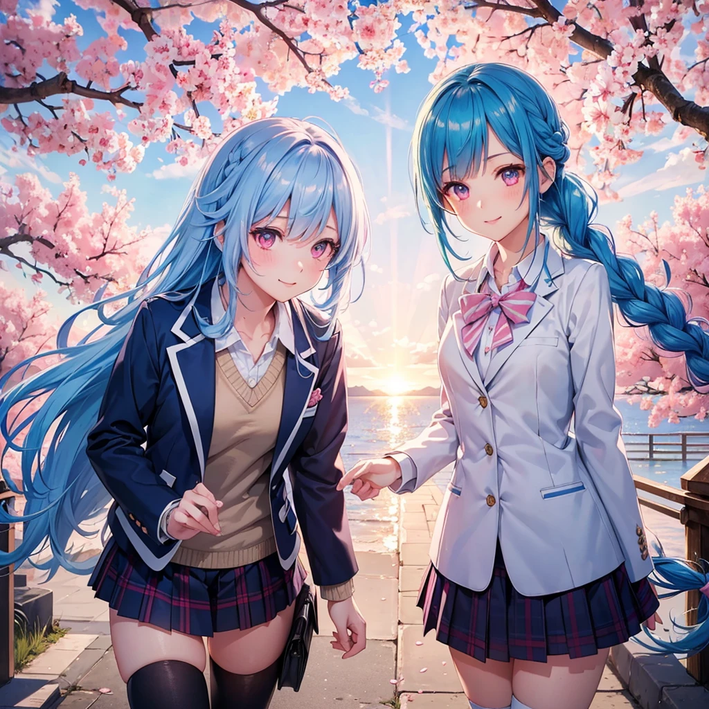 Sky blue hair, (Braided Ponytail),(Pink Eyes),Fair skin ,whole body,(1 Girl),Smile,spring, cherry blossoms, Knee-high socks for school, blazer, Straight bangs,(masterpiece, Highest quality, Super detailed, Best Shadow), (Detailed Background), (Beautifully detailed face), High Contrast, (Best lighting, Very delicate and beautiful), ((Cinematic Light)), colorful, Hyper Detail, Dramatic Light, Intricate details,sunshine,Leaning forward,