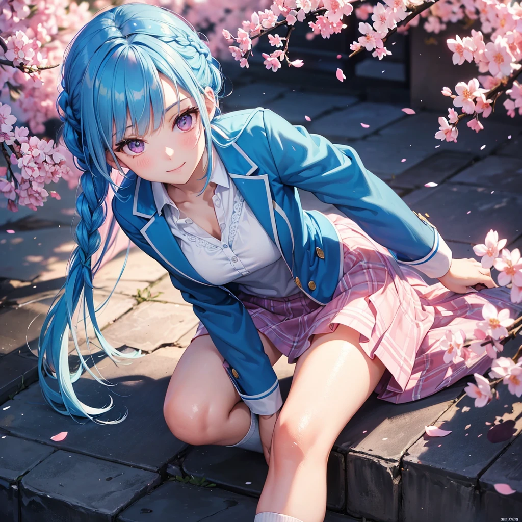 Sky blue hair, (Braided Ponytail),(Pink Eyes),Fair skin ,whole body,(1 Girl),Smile,spring, cherry blossoms, Knee-high socks for school, blazer, Straight bangs,(masterpiece, Highest quality, Super detailed, Best Shadow), (Detailed Background), (Beautifully detailed face), High Contrast, (Best lighting, Very delicate and beautiful), ((Cinematic Light)), colorful, Hyper Detail, Dramatic Light, Intricate details,sunshine,Leaning forward,