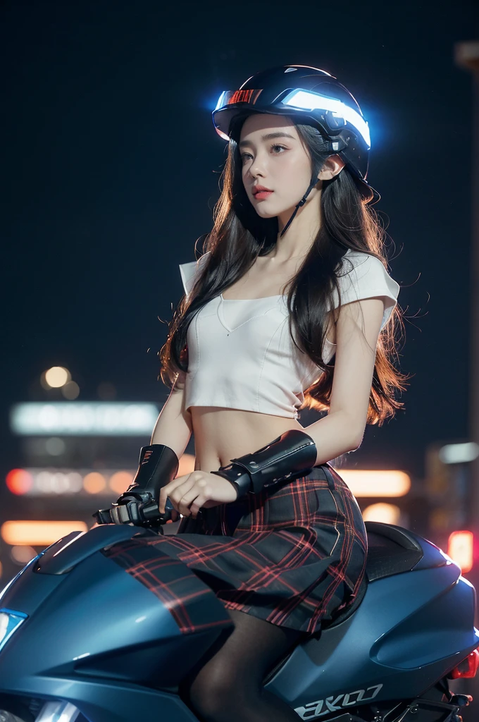 (((best quality))),(((ultra detailed))),(((masterpiece))),illustration,((1 beautiful girl,solo)),((slim,thin,small breasts,flat chest)),shoulder length straight hair,almond-shaped eyes, intense gaze, fair skin, subtle blush, full pink lips, confident smile,white collared shirt,Windsor knot on neck,short sleeves,red plaid pleated skirt,slender legs, deep blue hue, silver accents, form-fitting, low neckline, smooth skin,booties, urban scene, cyberpunk city, neon lights, tall buildings, LED signs, misty glow, dreamy ambiance, night sky, twinkling stars, electric atmosphere,(riding on a motorcycle:1.3), (safety helmet:1.3), vibrant atmosphere