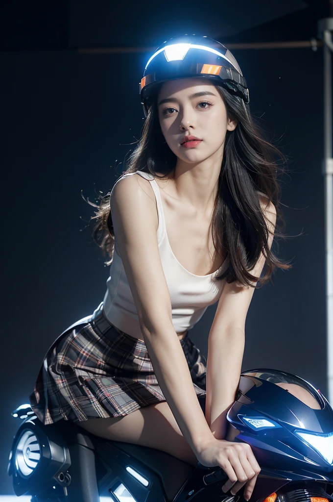 (((best quality))),(((ultra detailed))),(((masterpiece))),illustration,((1 beautiful girl,solo)),((slim,thin,small breasts,flat chest)),shoulder length straight hair,almond-shaped eyes, intense gaze, fair skin, subtle blush, full pink lips, confident smile,white collared shirt,Windsor knot on neck,short sleeves,red plaid pleated skirt,slender legs, deep blue hue, silver accents, form-fitting, low neckline, smooth skin,booties, urban scene, cyberpunk city, neon lights, tall buildings, LED signs, misty glow, dreamy ambiance, night sky, twinkling stars, electric atmosphere,(riding on a motorcycle:1.3), (safety helmet:1.3), vibrant atmosphere