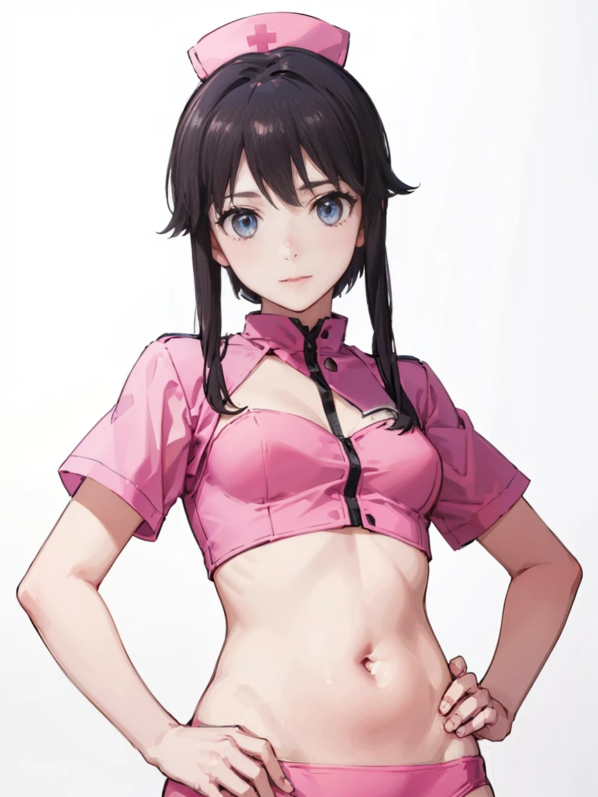 (( Fleet Collection、Kantai Collection、Yao)),(((nurse、belly button)))、woman,Cowboy Shot, ((white background))) 、Best image quality, high quality, The background is clear，きれいなwoman, Japanese, detailed, detailed eyes, detailed skin, Beautiful Skin, 超High resolution, (reality: 1.4),とても美しいwoman, A little younger face, Beautiful Skin, thin, (Ultra-photorealism), (High resolution), (8K), (非常にdetailed) 、(Beautiful and detailed eyes), (非常にdetailed), (detailed face), Displaying the viewer, Fine details, detailed face, smile,Straight,Looking Ahead, StraightLooking Ahead, Photo Real,Hairstyle: ponytail、short hair,Brown Hair、smile、Very delicate body、Very flat chest、hair over one eye, from below,