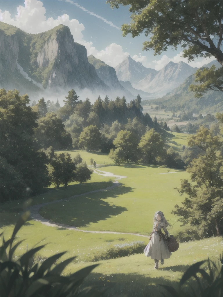 In a green meadow stands a girl leading a group of knights.
BREAK
With a brave expression, she guides them towards their destination.
BREAK
Behind her, a green forest stretches out and beyond that, mountains rise in the distance.
BREAK
The most suitable effect for this scene would be a watercolor painting technique to capture the softness of the meadow and the fluidity of the movement.