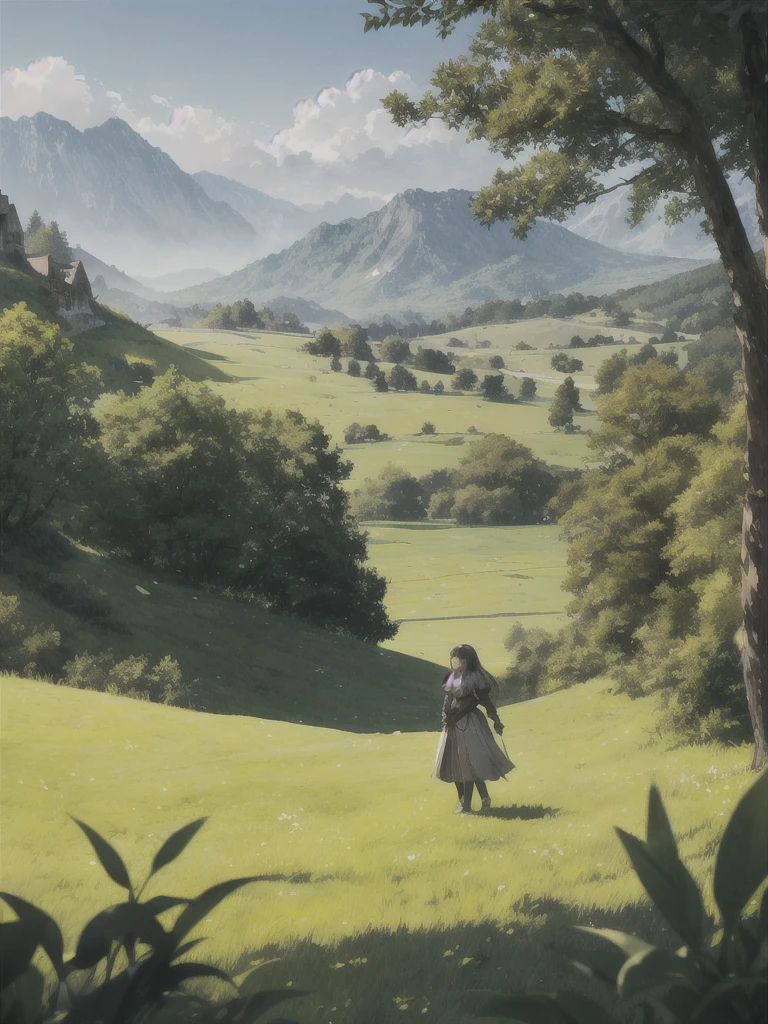 In a green meadow stands a girl leading a group of knights.
BREAK
With a brave expression, she guides them towards their destination.
BREAK
Behind her, a green forest stretches out and beyond that, mountains rise in the distance.
BREAK
The most suitable effect for this scene would be a watercolor painting technique to capture the softness of the meadow and the fluidity of the movement.
