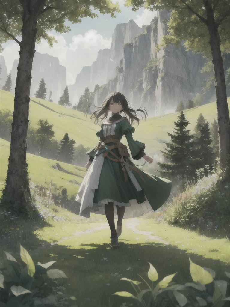 In a green meadow stands a girl leading a group of knights.
BREAK
With a brave expression, she guides them towards their destination.
BREAK
Behind her, a green forest stretches out and beyond that, mountains rise in the distance.
BREAK
The most suitable effect for this scene would be a watercolor painting technique to capture the softness of the meadow and the fluidity of the movement.