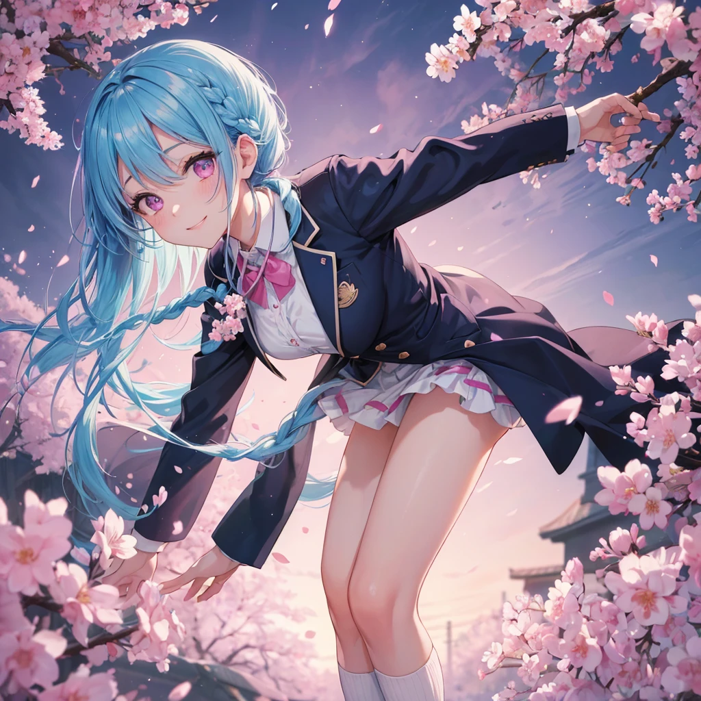 Sky blue hair, (Braided Ponytail),(Pink Eyes),Fair skin ,whole body,(1 Girl),Smile,spring, cherry blossoms, Knee-high socks for school, blazer, Straight bangs,(masterpiece, Highest quality, Super detailed, Best Shadow), (Detailed Background), (Beautifully detailed face), High Contrast, (Best lighting, Very delicate and beautiful), ((Cinematic Light)), colorful, Hyper Detail, Dramatic Light, Intricate details,sunshine,Leaning forward,