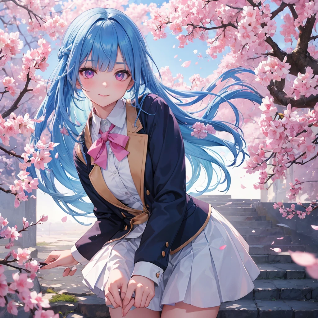 Sky blue hair, (Braided Ponytail),(Pink Eyes),Fair skin ,whole body,(1 Girl),Smile,spring, cherry blossoms, Knee-high socks for school, blazer, Straight bangs,(masterpiece, Highest quality, Super detailed, Best Shadow), (Detailed Background), (Beautifully detailed face), High Contrast, (Best lighting, Very delicate and beautiful), ((Cinematic Light)), colorful, Hyper Detail, Dramatic Light, Intricate details,sunshine,Leaning forward,