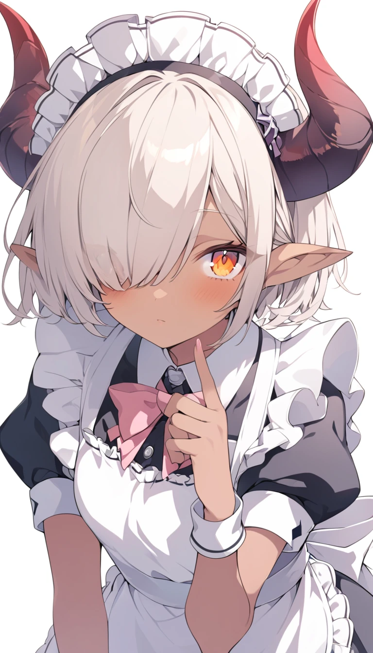 we just need to look at the face of this anime girl to know her true intention, 1girl, solo, dark skin, horns, dark-skinned female, pointy ears, maid, hair over one eye, apron, short sleeves, maid headdress, orange eyes, looking at viewer, puffy sleeves, short hair, puffy short sleeves