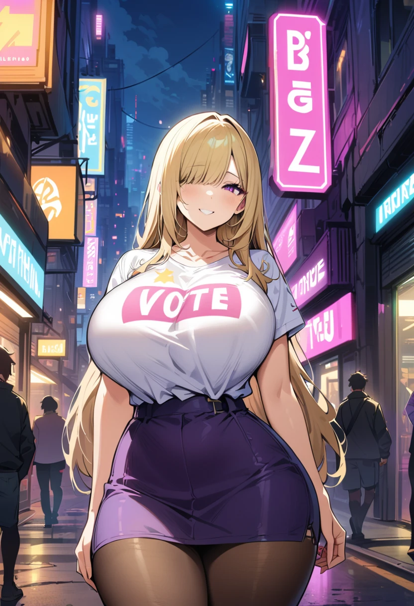 cyberpunk city, street, evening, neon light, neon sign, Masterpiece, Best Quality, high resolution, JK,huge tit,1 girls,black arco,black arcotie, Pastel yellow hair, long hair, hair covers one eye, purple eyes, tight, big breasts, big thighs, expression smiling shy, white vote t-shirt, purple skirt, high brown stockings, black sneakers