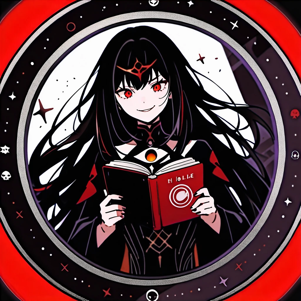(circle frame1.7),a dark goddess with crimson red eyes and black hair like darkness, holding a small black hole, evil smile, wearing darkness goddess clothing, 1girl,reading book, icon, circle frame,