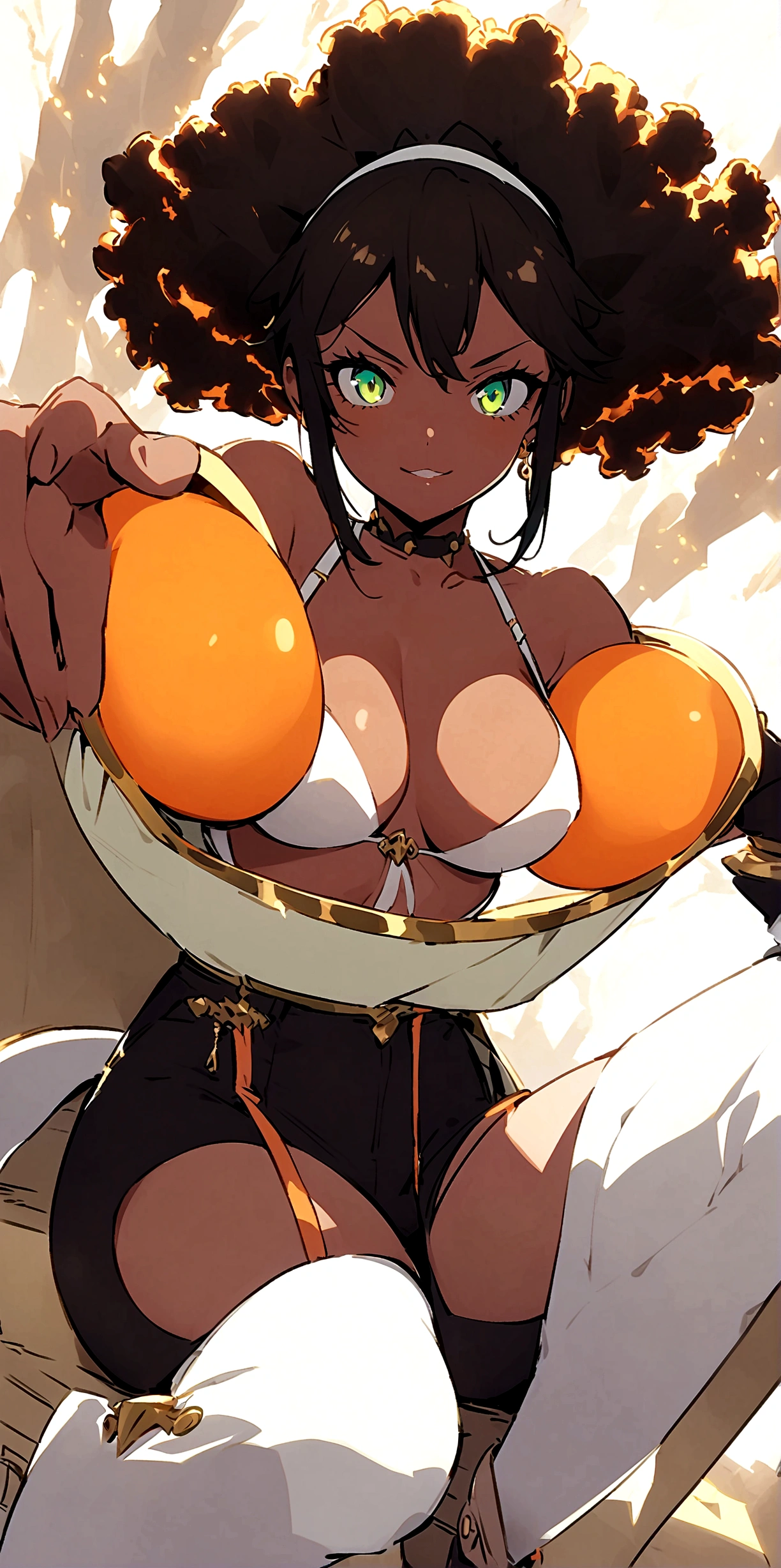 ,Sexy with bikini Costume clothes for medium muscular dark skinned woman, short white hair tied in a ponytail, Eyes red, yellow jacket, black cargo pants, drawing the race: ten mens (with enhanced characteristics Genre: Feminine woman appearance: Dark skin and medium muscular Short white hair spiked up, similar to the style "porcupine hair" eerie glowing red eyes, emanating power Wearing the black jacket characteristic of High-Level Hunters, with gold detailsTight black cargo pants, with black combat boots Accessories: black fingerless gloves, revealing sharp claw marks Magic dagger floating next to his right hand, giving off a slightly bluish aura Lips are smooth or colored, fundo preto Simpler, minimalism, monotonous, paletas de cores Simpler, to clean, sharp designs, fluid silhouettes, skirts and tight pants, high-waisted skirts and pants, vestidos Simpler, shirts and blouses, asymmetric, geometric, Elegant, luxurious materials and designs, Simpler, Minimum accessories, tail((Additional Detail: in the beach setting sitting on a Simpler chair , She is very muscular, Simpler, long breasts, Lumiere, Simpler,Simpler smile details Simpler qualification in details beautiful Simpler round Iris ball ,.(( Additional eye details :forma: Eye shapes vary greatly, but generally have rounded and curvy contours. This softness contributes to the overall aesthetics of the "cuteness" and young people often associated with anime.
Iris: Iris colors are vibrant and varied, ranging from natural tones like brown and blue to fantasy colors like pink, green and purple. This variety contributes to the creation of visually appealing and distinct characters...
sheen: Olhos de anime frequentemente apresentam um brilho ou reflexo de Lumiere, which gives them a lively and dynamic appearance. This glow can be used to highLumiere the character'emotion or to draw attention to a specific point in the scene..))