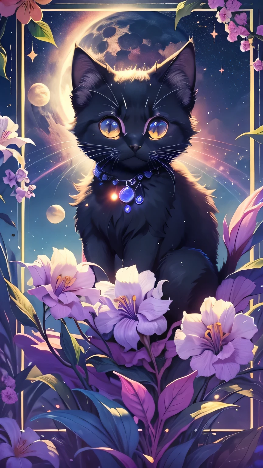 Cute black kitten, Looking up at the fantastic Starry Sky, there is nothing, The moon is shining, night, Sparkling rainbow iris, Big sparkling eyes, Black spout, masterpiece, Super detailed, Full HD, Starry Sky, shine, Flowers, Summer warmth,Makoto Shinkai Style