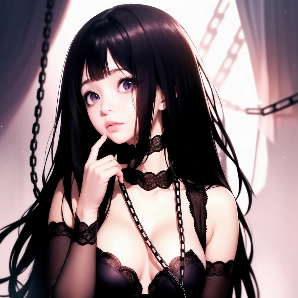 (A superb exquisite Chitanda Eru), (mature face), purple eyes, long black hair, natural streight hair, straight bangs, solo, [Small_breasts: large_breasts: 0.5], normal breasts, (((shakles, chains, hands tied))), extremely delicate, peerless beautiful girl, dreamy quality, exaggerated facial features, solid color, delicate face, bright lips, slender waist, straight curves, soft lights and shadows, super fine, 8K HD, (masterpiece:1.4), (finely detailed beautiful eyes: 1.2)