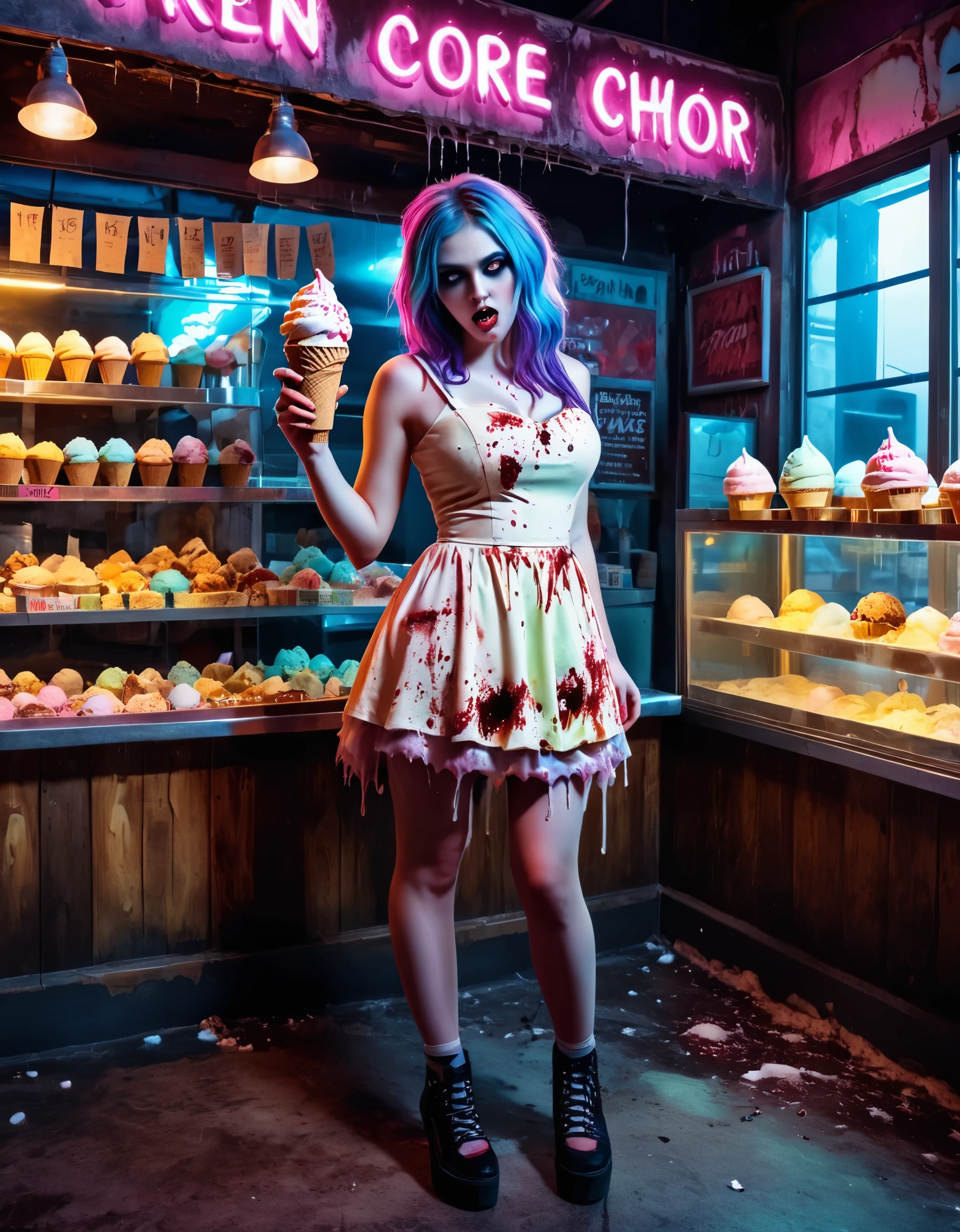 A zombie girl with tattered dress, in an apocalyptic dessert shop with creepy ice creams. style of Monster Core. Ultra realistic photo, vibrant colors, 16k