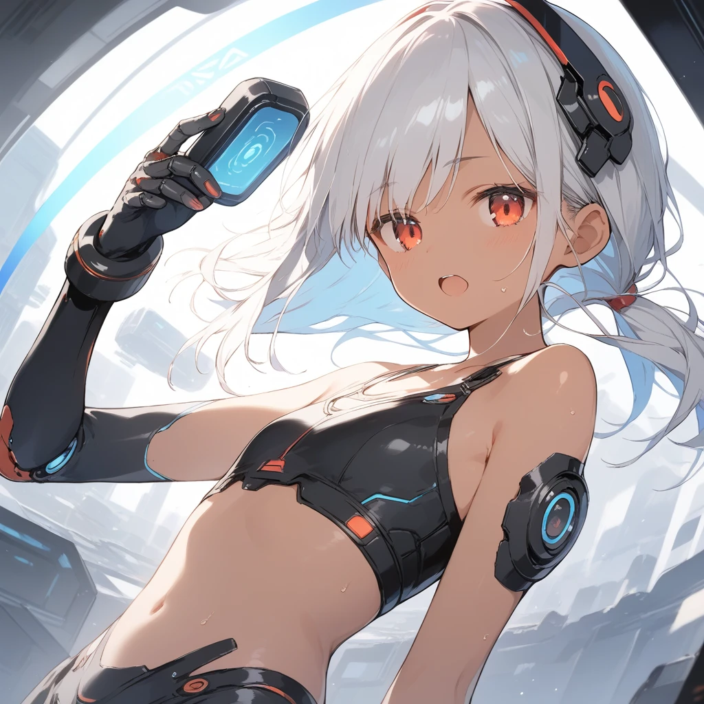 score_9, score_8_up, score_7_up, source_anime, best quality, masterpiece, official art, absurdres, highres, ultra-detailed,waifu2x,Collection: Slice of Life,break,1girl, cyborg girl, briliant azure eyes, crop top cyborg armor, futuristic headset, futuristic tech, mindcontrol device installed on head, yes covered with tech, tomboy, tanned-skinned female, short hair, low ponytail, flat chest, beautiful detailed eyes, sweat, open mouth, (yawn:0.3), sleepily, standing, futuristic city, wind, break, from bellow, ((show belly)), ((show upper legs)) (clear line illustration:1.2),very high resolution, very aesthetic, super detailed skin, Best sexual lighting powered by famous artist, 8k,cute picture,beauty illustration,photoshop_(medium),,(Detailed Lighting),best anime 8k konachan wallpaper, pixiv contest winner,